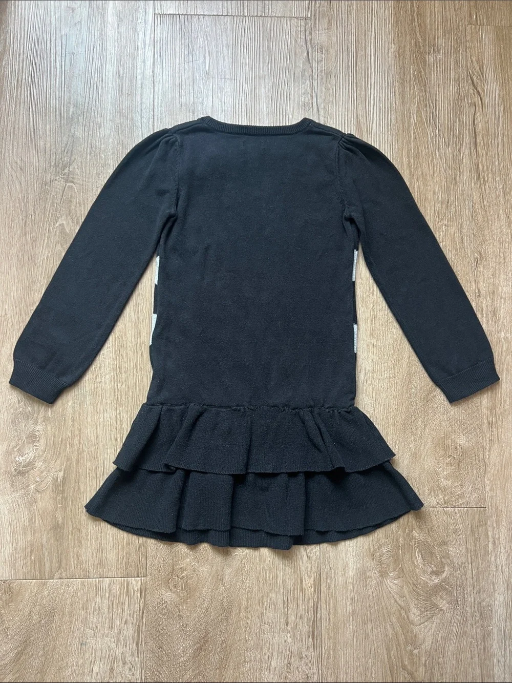 Jenni Girls Black Knit Polka Dot Sweater Dress With Gray Bow & Ruffles Size 6